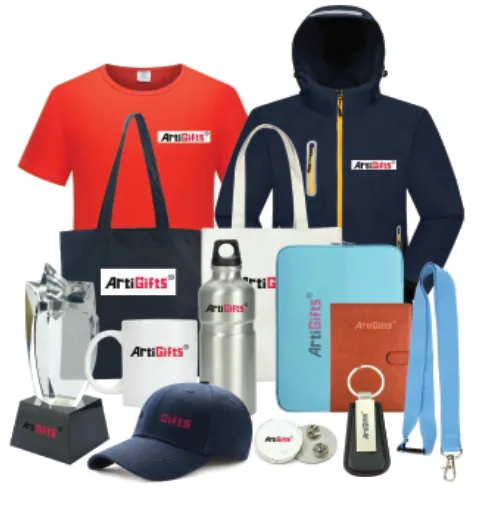 Corporate gift set of branded apparel, bottles, caps, lanyards and keyrings