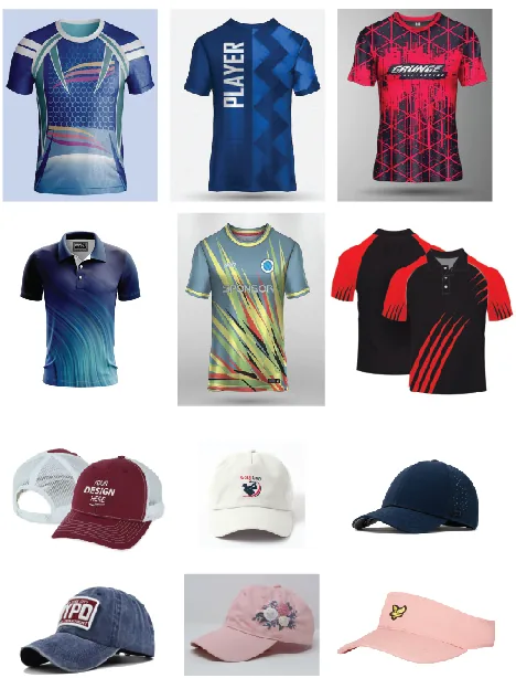 Range of customised sports jerseys, polo shirts and branded caps