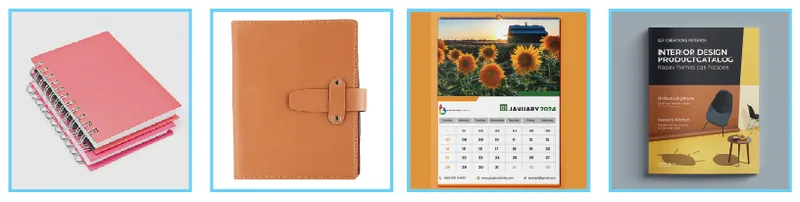 Printed notebooks, leather diaries, desk calendars and bound reports