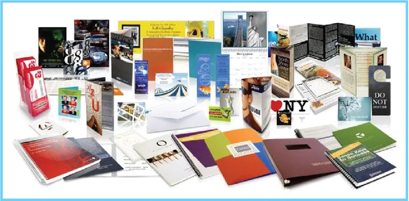 Collection of offset printed brochures, folders, books and corporate stationery