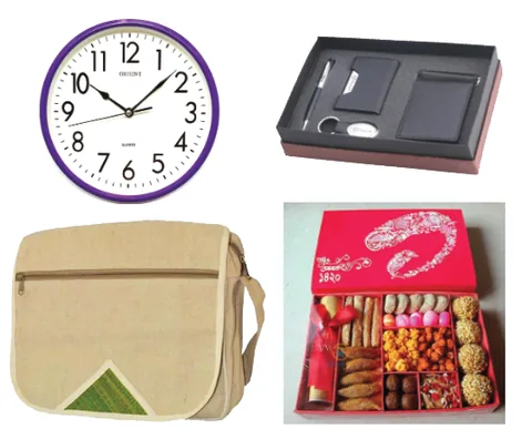 Premium gift collection with wall clock, messenger bag and presentation boxes