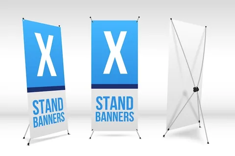 X-stand display banners with printed graphics and frames